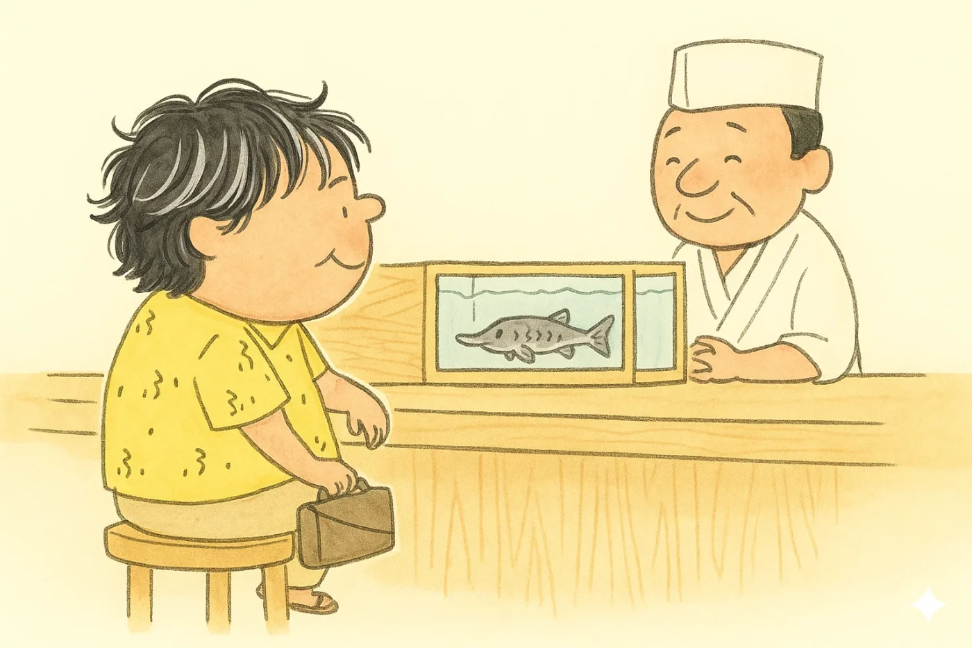 寿司屋のカウンターで、店主と客が笑顔で向かい合い、チョウザメの水槽を前に語り合っているイラスト。
