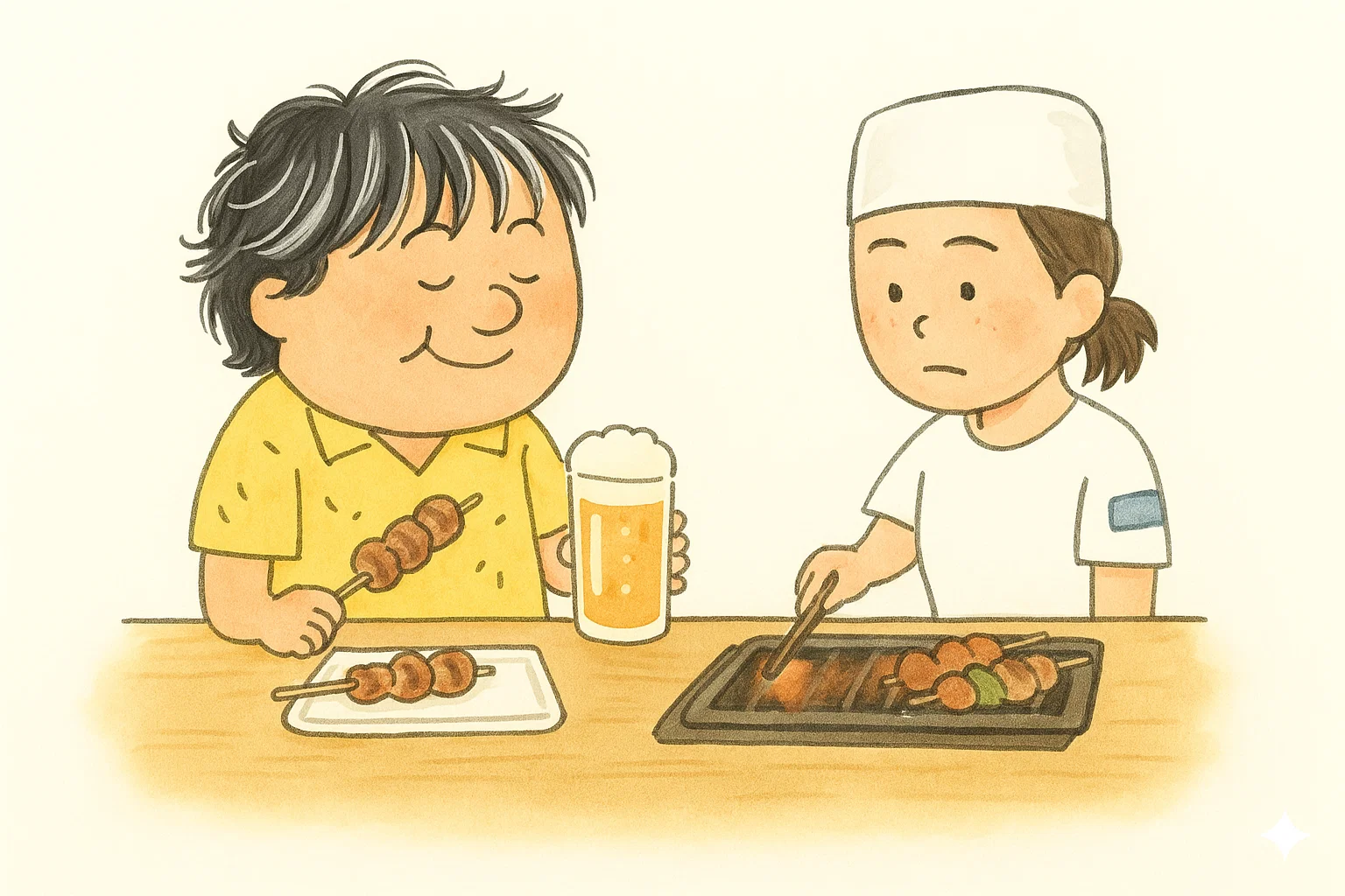 カウンターに座る客と、白い制服にバンダナ姿の店員。客は黄色いシャツを着て、串を片手にビールジョッキを掲げ、満足そうな表情。店員は無表情で、鉄板の上の串を箸で返している。カウンターには完成した串が並んだ皿と、焼きたての串が載った鉄板。