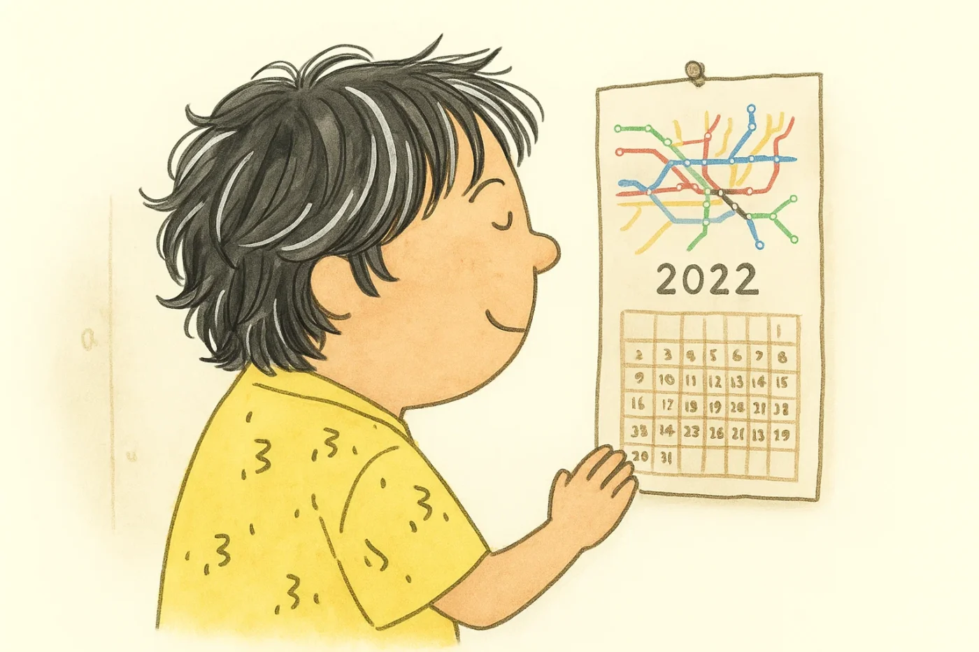 路線図の描かれた2022年のカレンダーに手を添えて見上げるなりさん。懐かしむような表情を浮かべている。