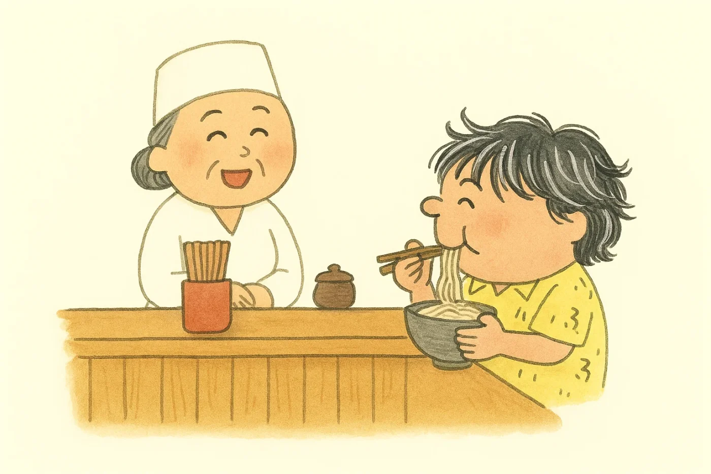 カウンター越しに笑顔の店主と、そばをおいしそうにすすっている子どものイラスト。木の温もりを感じる店内で、温かい雰囲気が漂っている。