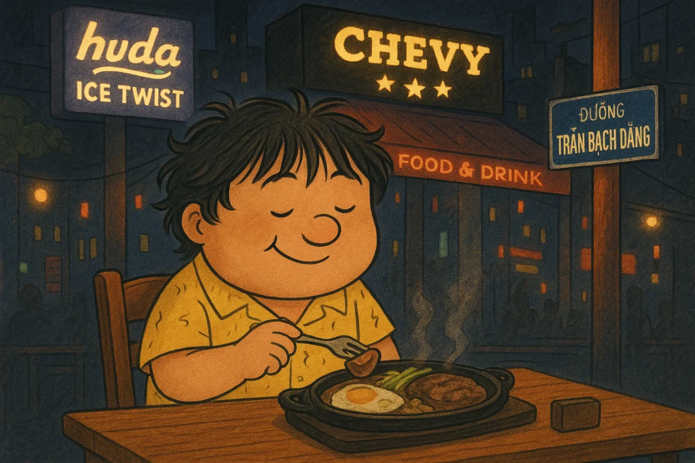 ダナンの夜、路地裏の食堂で鉄板ステーキを食べる人物のイラスト。背景にはネオン看板とTrần Bạch Đằng通りの標識。目玉焼きの乗ったステーキとベトナムソーセージが鉄板の上で湯気を立てている。