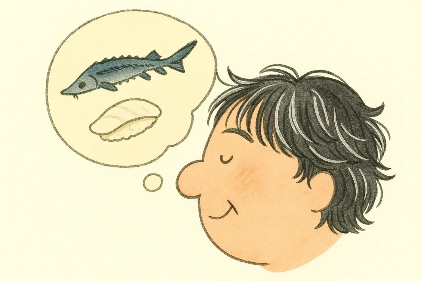 チョウザメとチョウザメの白いの握り寿司を思い浮かべる男性。