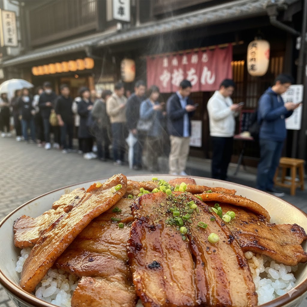 香ばしく焼かれる豚丼と行列の風景