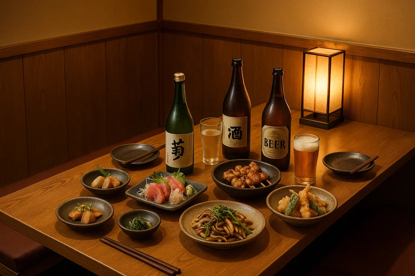 帯広の個室居酒屋で並ぶ地酒と旬の肴、灯りに包まれた静かな夜