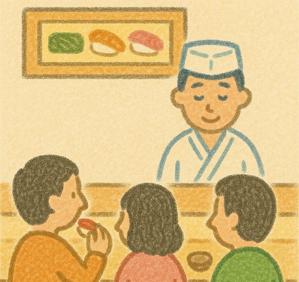 大将とカウンターで寿司を食べる客。