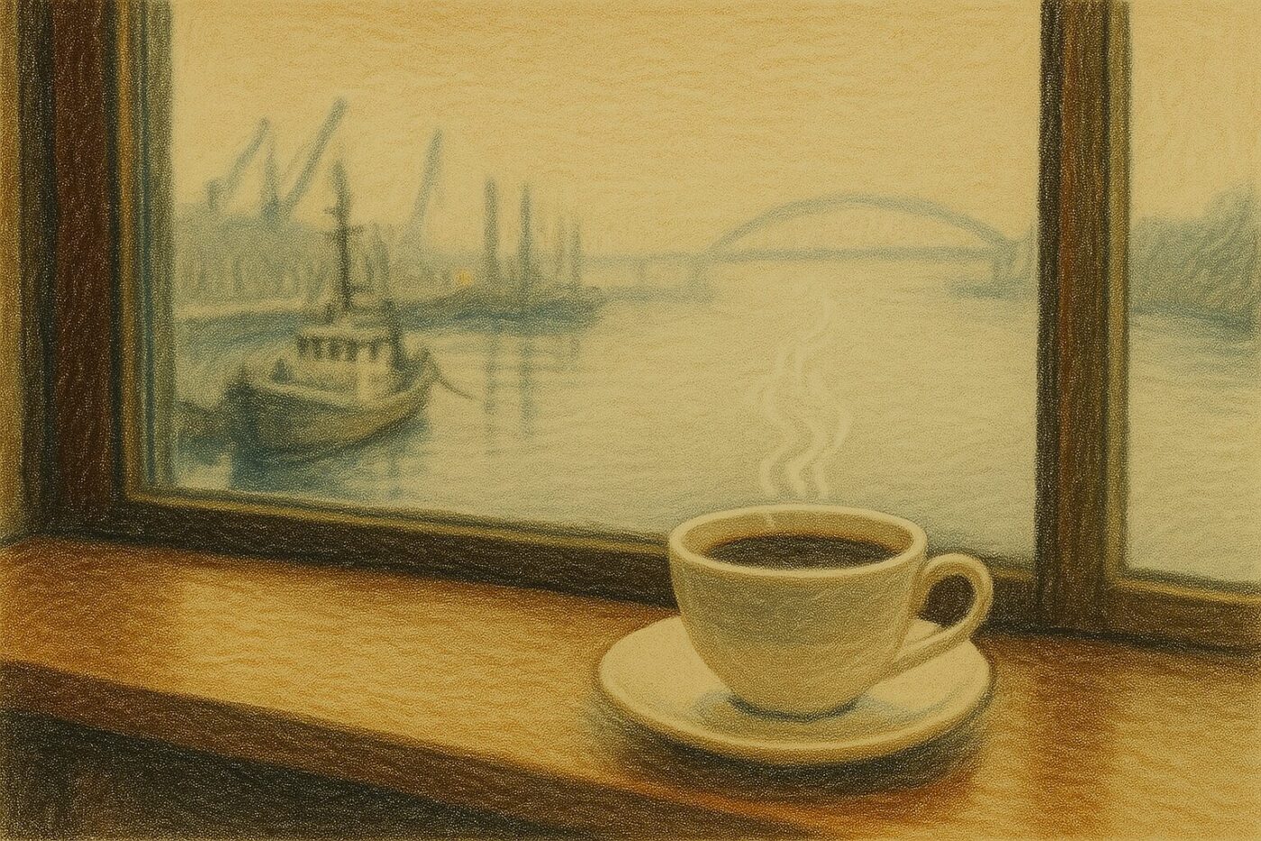 霧に包まれた釧路港と橋を望むカフェの窓辺、湯気立つコーヒーが旅人を迎える