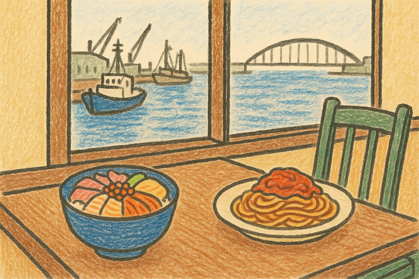 釧路の港町と昼の光に包まれた食卓の風景