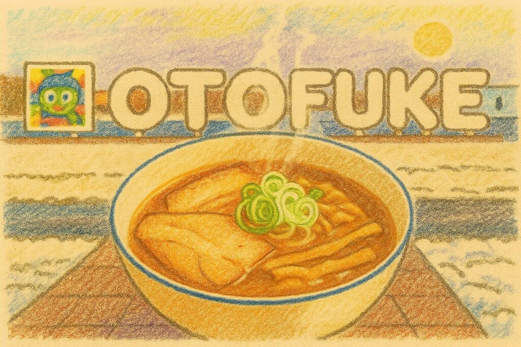 音更町・道の駅おとふけの前で湯気を立てる味噌ラーメンのアップ。十勝の冬空を背景にしたご当地ラーメン