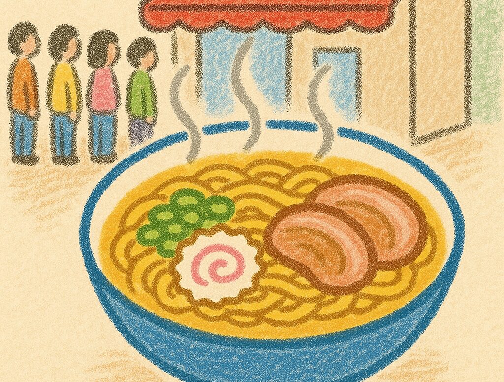 あつあつのラーメンと行列のイラスト