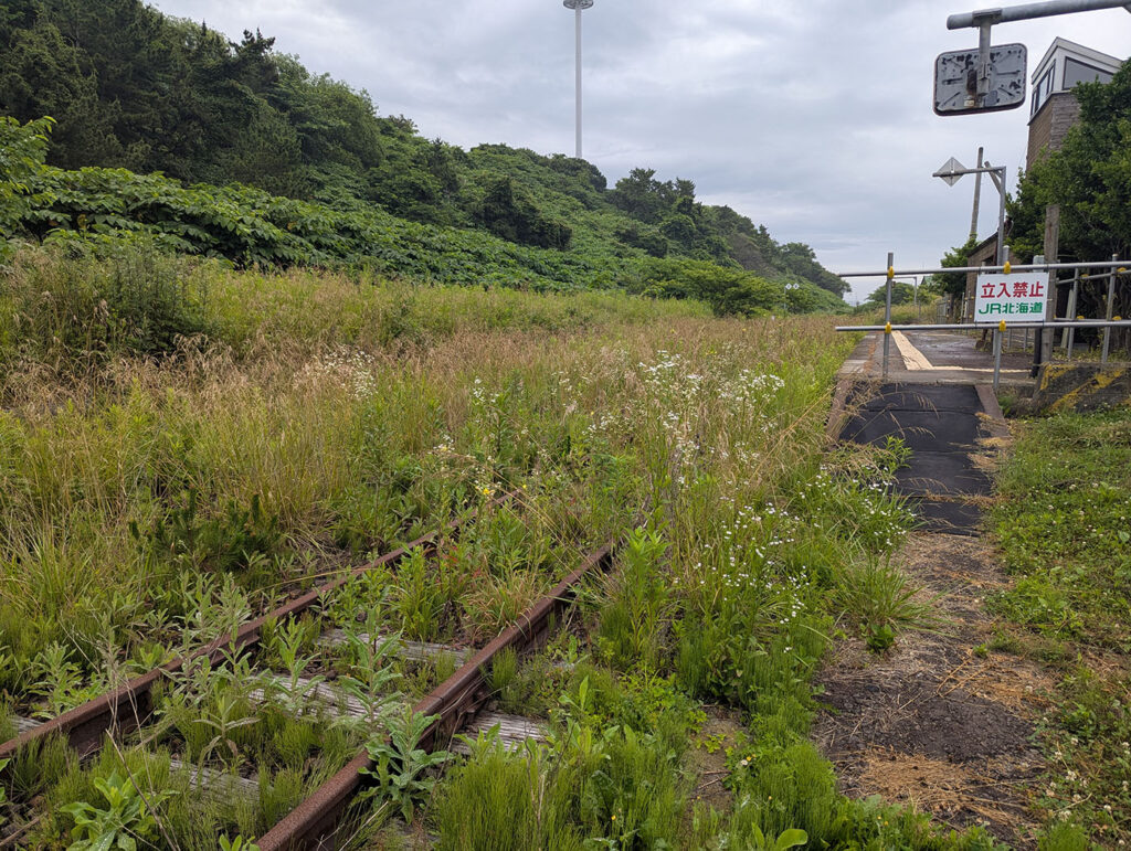 旧日高本線・三石駅付近の廃線跡。線路は草に覆われ、立入禁止の標識が立っている。