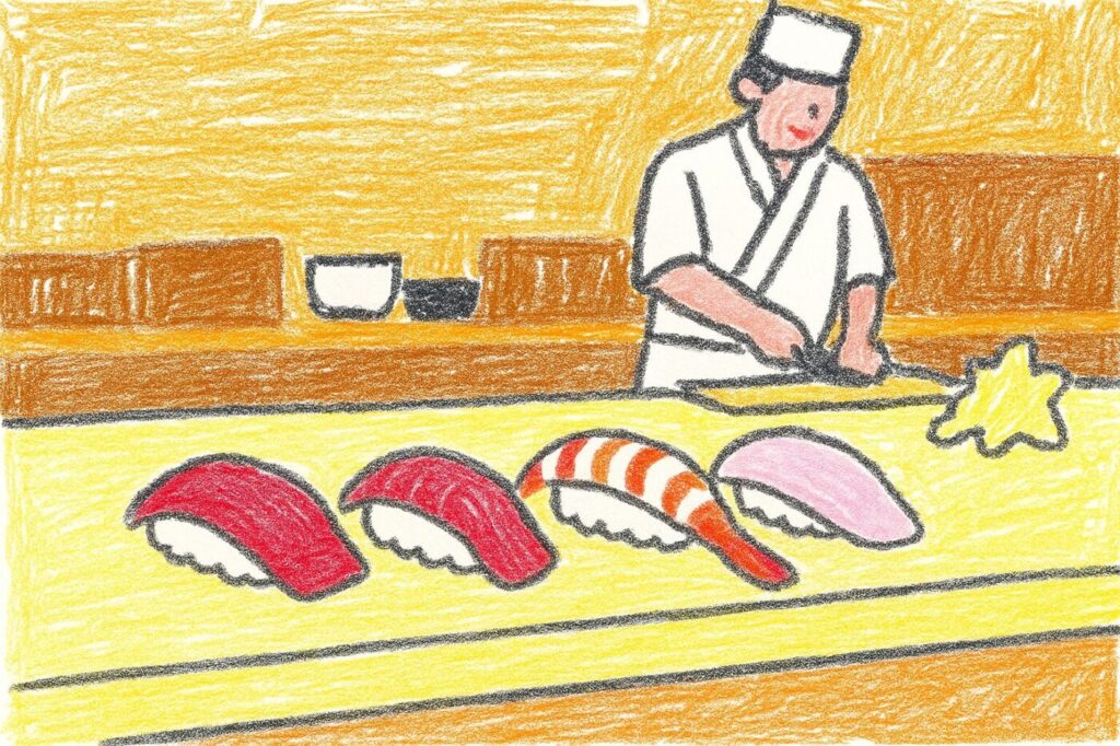 寿司職人を背景に、木のカウンターに並ぶまぐろ・えび・白身の握り寿司4貫