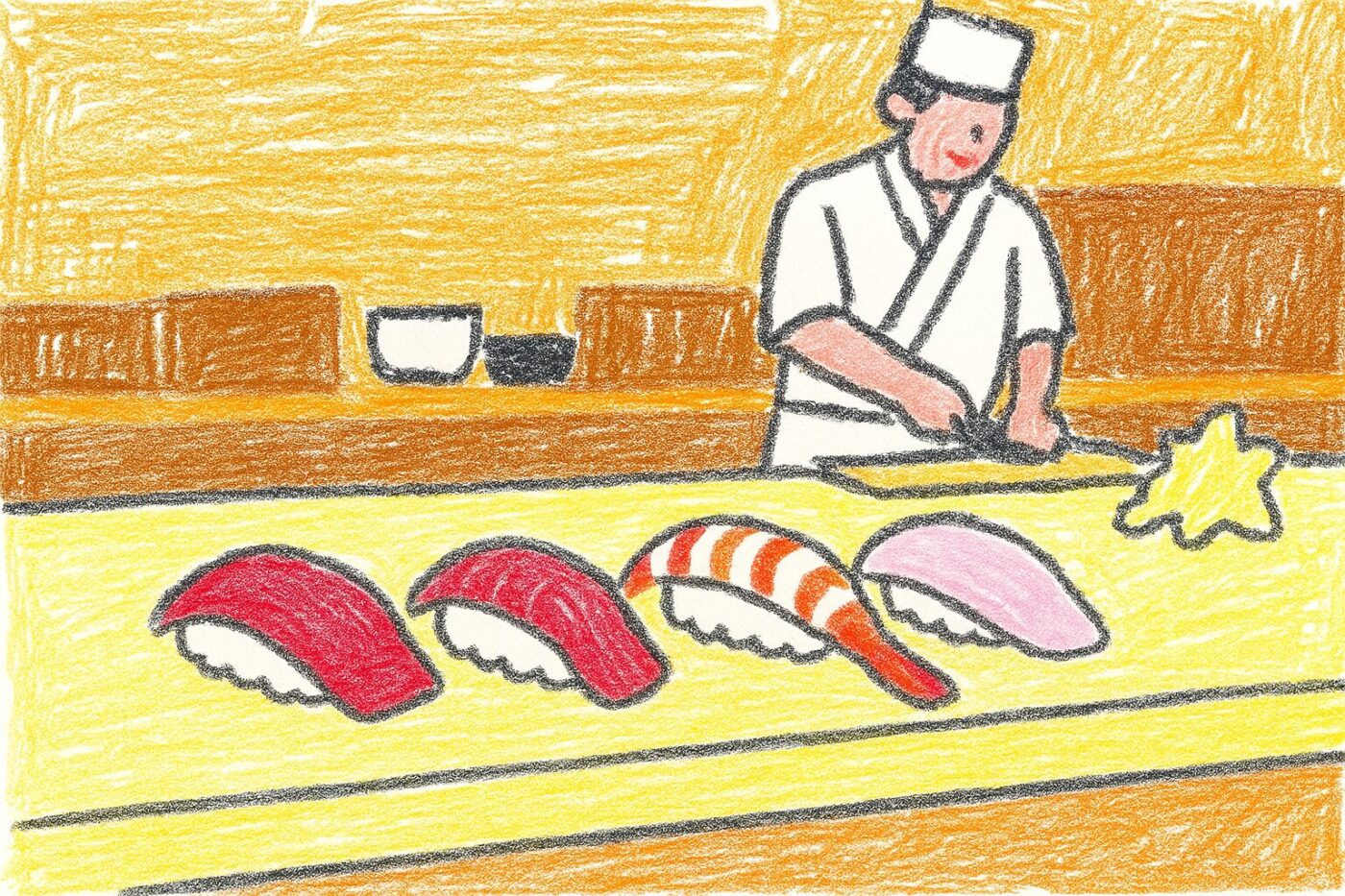 寿司職人を背景に、木のカウンターに並ぶまぐろ・えび・白身の握り寿司4貫