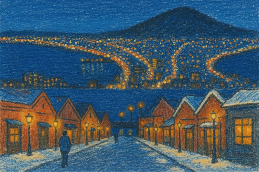 函館の夜景と港町の居酒屋通り。冬の函館ベイエリア、潮の香りと灯りが交差する夜。シンプルなクレヨンタッチのイラスト