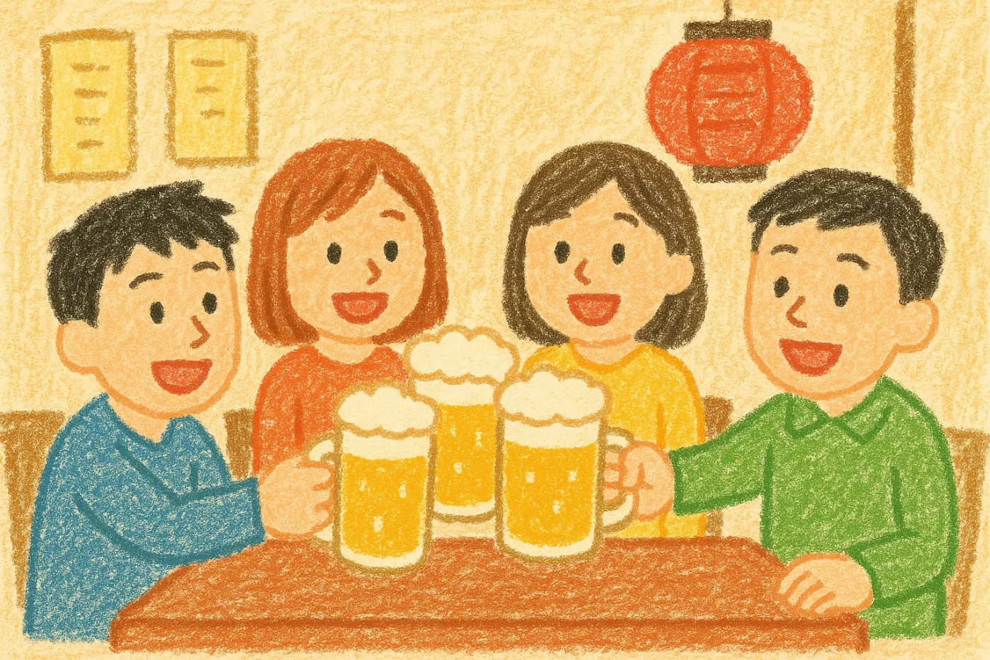 飲み放題の様子。ビールを片手に乾杯。